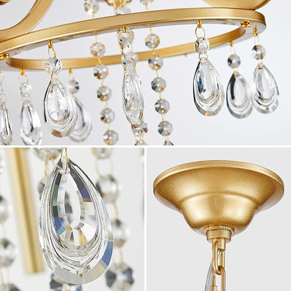 Small Crystal Chandelier, 3-Lights Modern Crystal Chandeliers for Dinning Room, Wagon Wheel Gold Chandelier, Farmhouse Hanging Pendant Light Fixture for Bedroom Hallway Entryway Bar Kitchen Bathroom