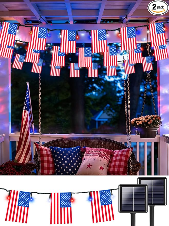 2 Pack 4th of July Decorations, Solar American Flag Lights Outdoor with 8 Modes, 37.6FT 50 USA Flags & 100 Red White and Blue LEDs Patriotic Lights Waterproof for Independence Day 250th Anniversary