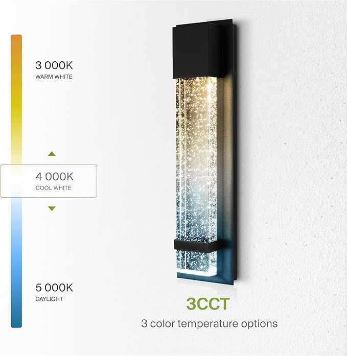 ASD LED 18" Bubble Glass Wall Light Fixture, Outdoor & Indoor Seeded Sconce | 3CCT, Waterproof, Dimmable, ETL Listed | 12W 500LM 3000-5000K 120V | Exterior Lantern, Porch Lighting | Black, 2 Pack