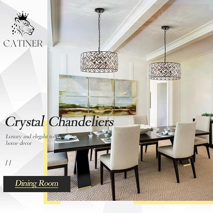 Crystal Ceiling Light Black Modern Chandelier 18" Pendant Light 6-Light Convertible Semi Flush Mount Lighting Drum Semi Flush Mount Hanging Drum Shade for Kitchen Island Dining Room Bedroom Hallway