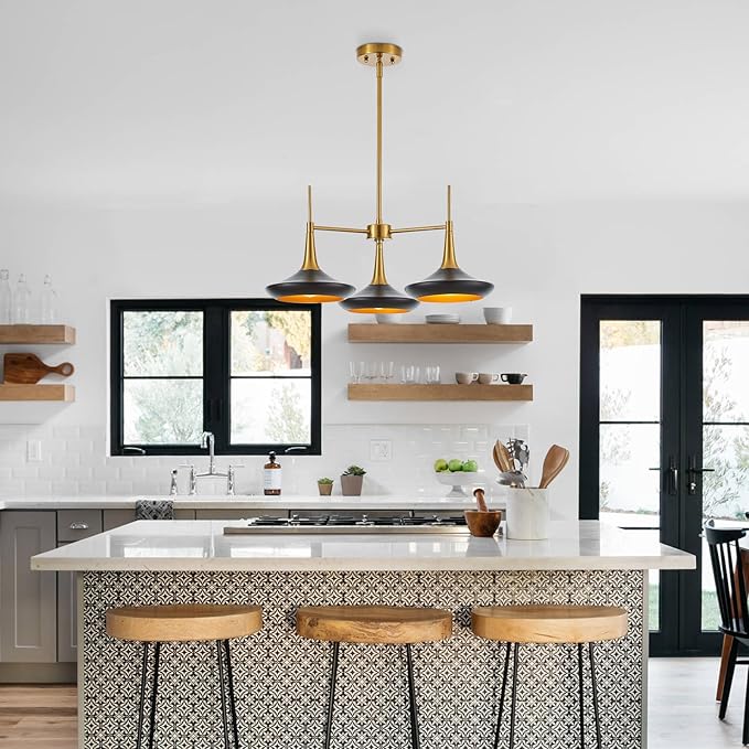 3-Lights Modern Chandelier,Black and Brass Chandelier for Dining Room Living Room,Mid-Century Pendant Light Fixtures,Industrial Hanging Light Fixture,E12