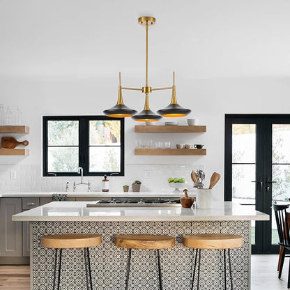 3-Lights Modern Chandelier,Black and Brass Chandelier for Dining Room Living Room,Mid-Century Pendant Light Fixtures,Industrial Hanging Light Fixture,E12