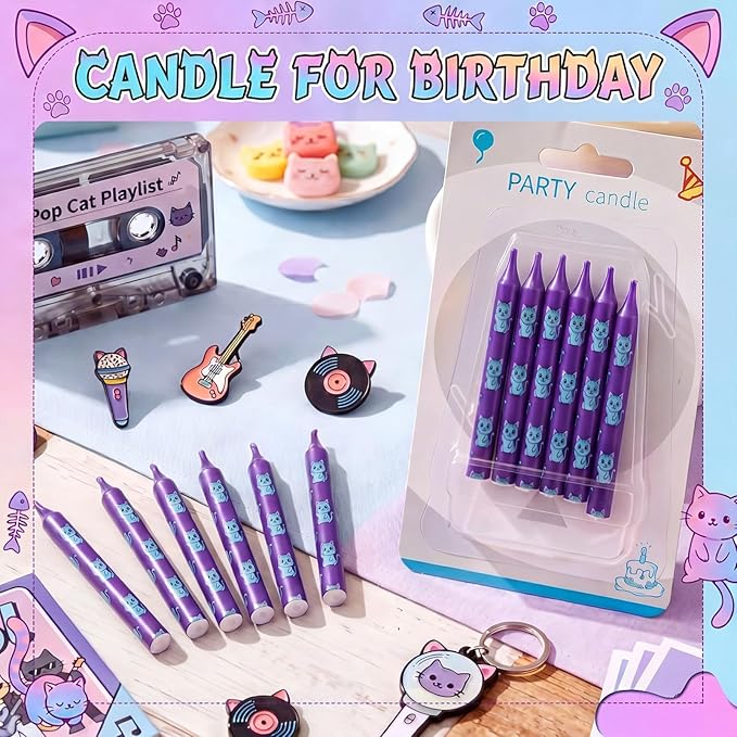 Conelist 12 Pcs Kpop Cat Themed Birthday Candles Purple Blue Birthday Decorations Cartoon Movie Cake Toppers for Kpop Themed Party Supplies