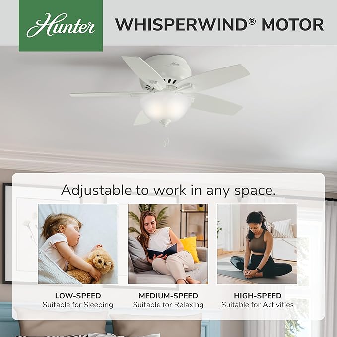Hunter 42 inch Indoor Ceiling Fan with LED Light - White Ceiling Fan with Pull Chain, For Bedroom or Living Room, Low Profile Flush Mount, No Remote, 5 Blades - Newsome 51080, Fresh White
