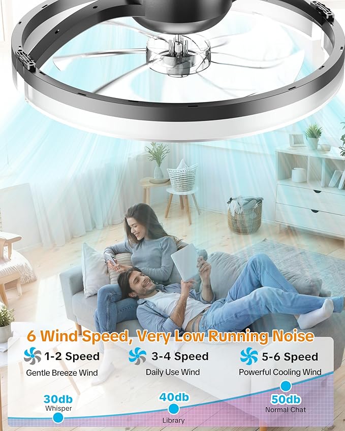 Ceiling Fans with Lights and Remote Low Profile Flush Mount LED Ceiling Fan with Lights 3000K-6500K Dimmable Foldable Fandelier Light 6 Wind Speeds Night Light for Bedroom Living Room Black