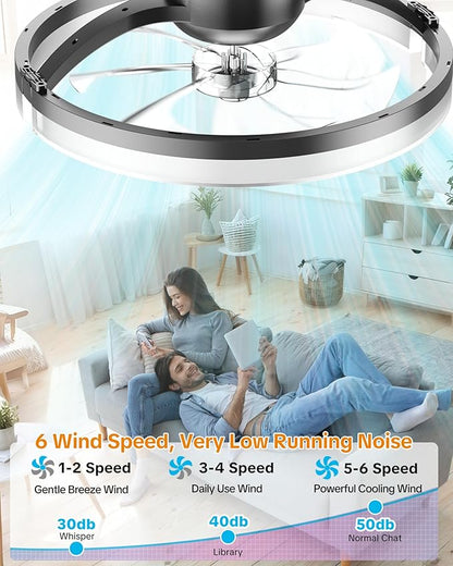 Ceiling Fans with Lights and Remote Low Profile Flush Mount LED Ceiling Fan with Lights 3000K-6500K Dimmable Foldable Fandelier Light 6 Wind Speeds Night Light for Bedroom Living Room Black