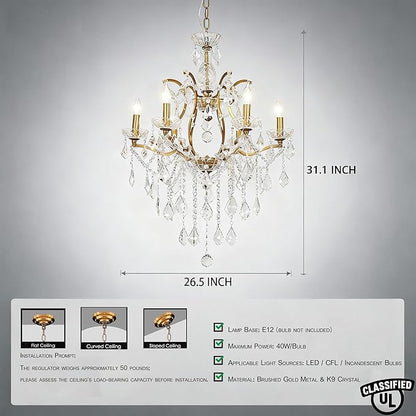 Luxury Antique Gold Crystal Chandeliers with Candle Pendant Ceiling Light Fixture - 6 Lights Polished Golden Bronze Crystal Chandelier for Dining Room, Living Room, Kitchen, Bedroom