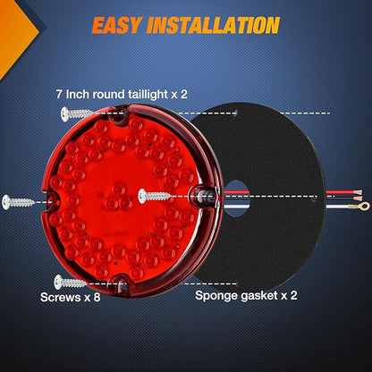 Nilight Tail Light 2PCS 7Inch Round 47 LED Red with Inner Reflex Lens Marker Clearance Stop Brake Turn Signal Running Taillight IP67 Waterproof for Trailer Truck Pickup Camper RV BUS