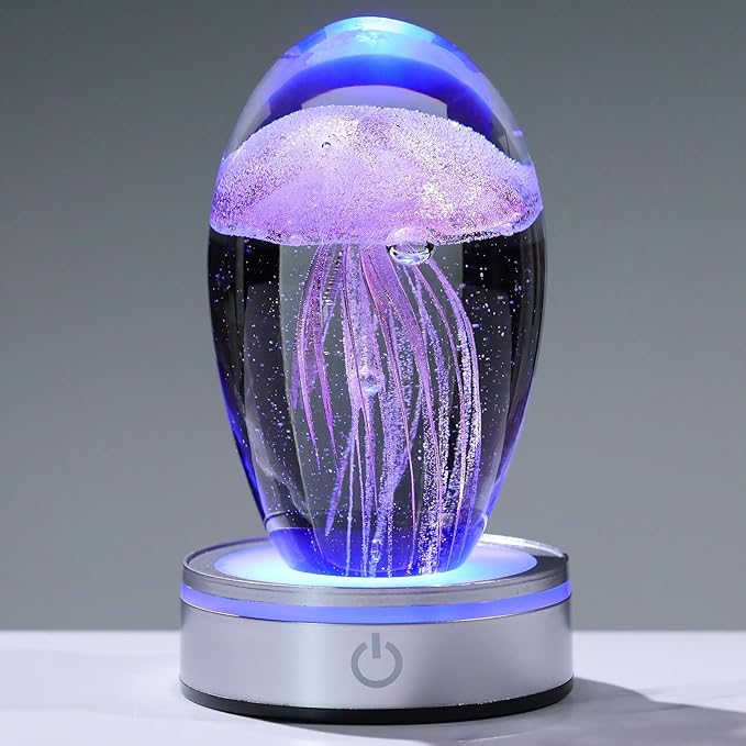 Handmade Jellyfish Lamp – Crystal Glass Figurine Colorful LED Night Light, Ocean-Themed Desk Decor, Aquarium & Beach Room Decor – Gifts for Women Nature Lovers (Pink)