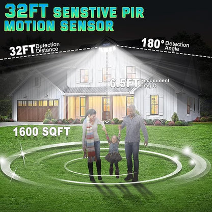 Solar Lights Outdoor Waterproof Motion Sensor - 416 LEDs 3000 Lumens Super Bright 3 Brightness 3 Modes 2400mAh 360° Illumination 32ft Solar Flood Security Light for Outside (1, 13.7x4.3x5inch)