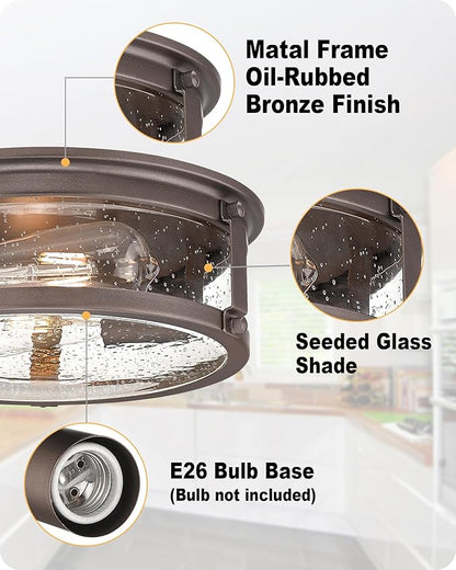 Flush Mount Ceiling Light, 2-Light Oil Rubbed Bronze Ceiling Light Fixture, Flush Mount Light with Seeded Glass Shade for Kitchen, Hallway, Bedroom (12 Inch)