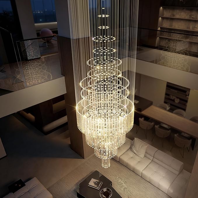 D32''X H100'' Large Crystal Chandelier Lighting, Modern LED Round Raindrop Flush Mount Ceiling Light Fixture for Hotel Staircase Hallway Modern Crystal Chandelier Suitable for Sloping Ceiling