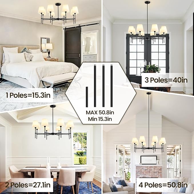 RUIYEY Dining Room Chandeliers Light - 35.8" Modern Black Chandelier, 8-Light Metal Farmhouse Dining Room Light Fixture, E26 Hanging Pendent Lighting for Kitchen, Living Room, Foyer, Entrance