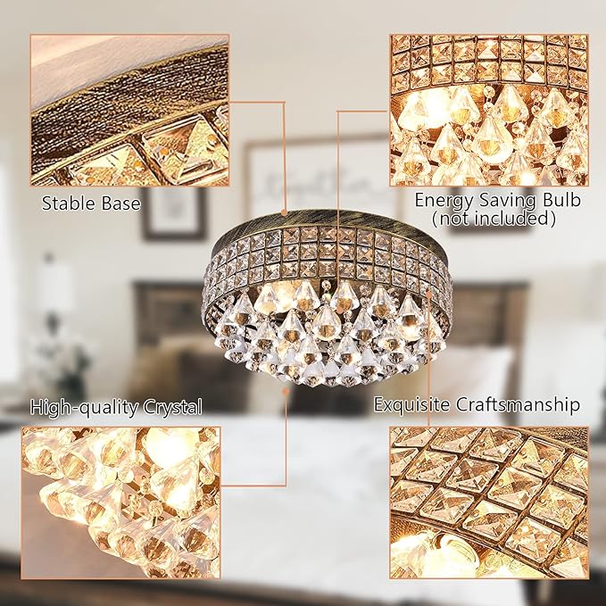 Maxax 4-Light Traditional Crystal Chandelier, Bronze Drum Ceiling Light Fixture with Round Metal Shade & Raindrop Crystals, 15,7" Vintage Flush Mount for Dining Room, Bedroom, Entryway