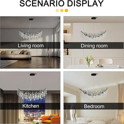 Modern Crystal Tree Branches Chandelier, 47.5in Black 12 Lights Large Ceiling Hanging Light for Dining Room, Arc Raindrop Pendant Light Fixture