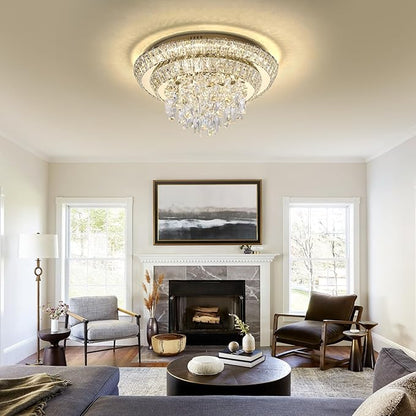 18 inch Flush Mount Crystal Chandeliers with Remote and App Gold, Modern Elegant LED Crystal Raindrop Ceiling Light Fixture, 3CCT Dimmable, for Living Room Kitchen Island Bedroom Entryway Foyer