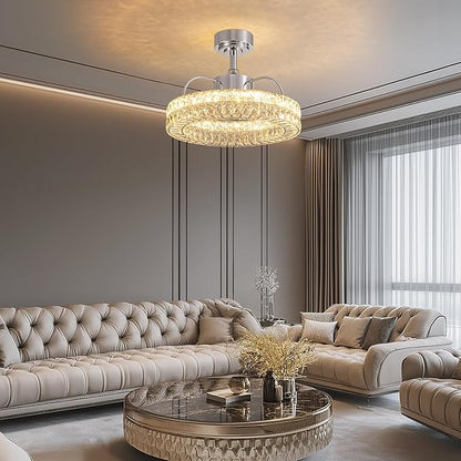 LUDOMIDE Crystal Ceiling Fans with Lights, 21" Fandelier Ceiling Fan with Light and Remote 6-Speed Wind, Dimmable LED, Chandelier Ceiling Fan for Bedroom Dining Room Living Room