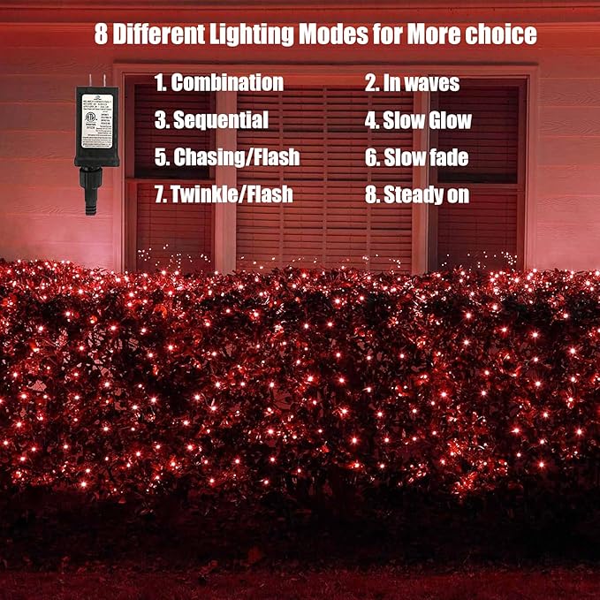 Neoclassy 120Led Red Christmas Net Lights Outdoor 5ft x 6ft Connectable, 8 Modes Waterproof Black Wire 29V Plug in Mesh Net Christmas Lights for Garden, Yard, Bushes, Trunk, Xmas Tree Decor (Red)