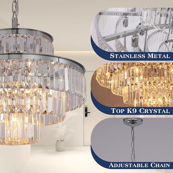 Chrome Crystal Chandelier Lights 20 Inch Luxurious Chandeliers Hanging Pendant Light Fixture for Dining Rooms Living Rooms Entryway 7-Lights