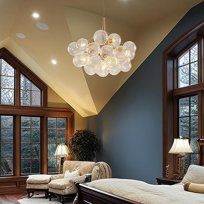 White Gold Bubble Ball Chandelier 6-Light Dia 24 Inch Mid-Century Blown Glass Light Fixtures Swirled Clear Globe Chandeliers Lighting Pendant for Dining Living Room Entryway Island