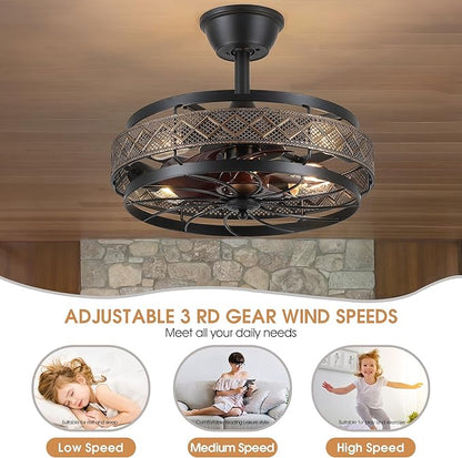 SHIHOT 18" Black Caged Ceiling Fan with Lights, Bladeless Industrial Ceiling Fan with Remote, 6 Speeds, Farmhouse Ceiling Fan Light Fixture for Kitchen, Bedroom(Bulbs Not Included)