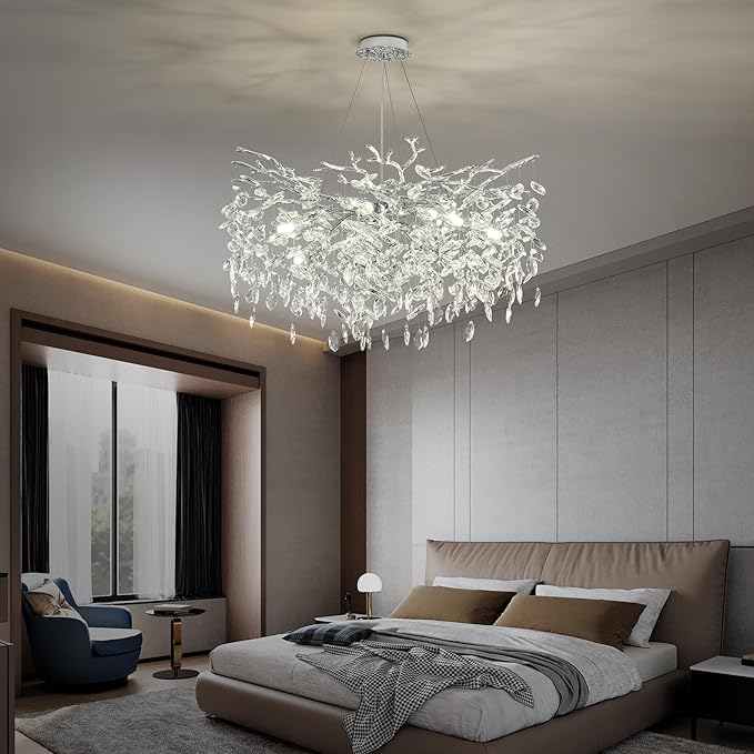 Modern Crystal Tree Branch Chandelier, D23.7'' Round Silver Raindrop Indoor Hanging Ceiling Lighting Fixture for Dining Room Living Room Bedroom Foyer 8 Lights