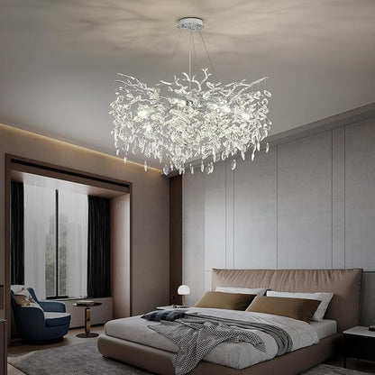 Modern Crystal Tree Branch Chandelier, D23.7'' Round Silver Raindrop Indoor Hanging Ceiling Lighting Fixture for Dining Room Living Room Bedroom Foyer 8 Lights