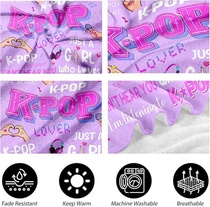 Kpop Gifts Blanket for Teen Girls - Music Gifts for Women Friends K-Pop Fans Lovers, Kpop Merch Stuff, Christmas Birthday Gifts for BFF Girls Women, Just A Girl Who Loves K-pop Blanket 80''x60''