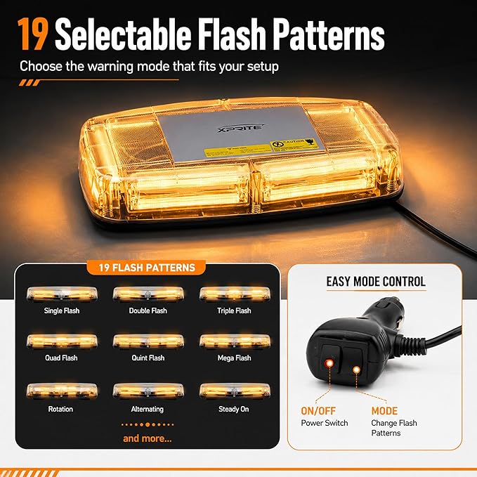 Xprite Amber COB LED Rooftop Strobe Beacon Light, 12V Magnetic Base Warning Caution Light with 19 Flash Patterns for Trucks, Snowplows, Construction Vehicles, Tractors, Golf Carts