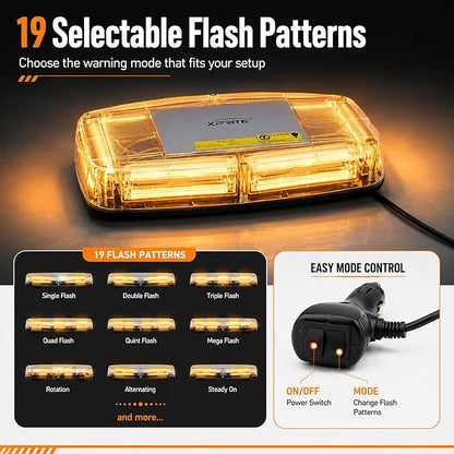 Xprite Amber COB LED Rooftop Strobe Beacon Light, 12V Magnetic Base Warning Caution Light with 19 Flash Patterns for Trucks, Snowplows, Construction Vehicles, Tractors, Golf Carts