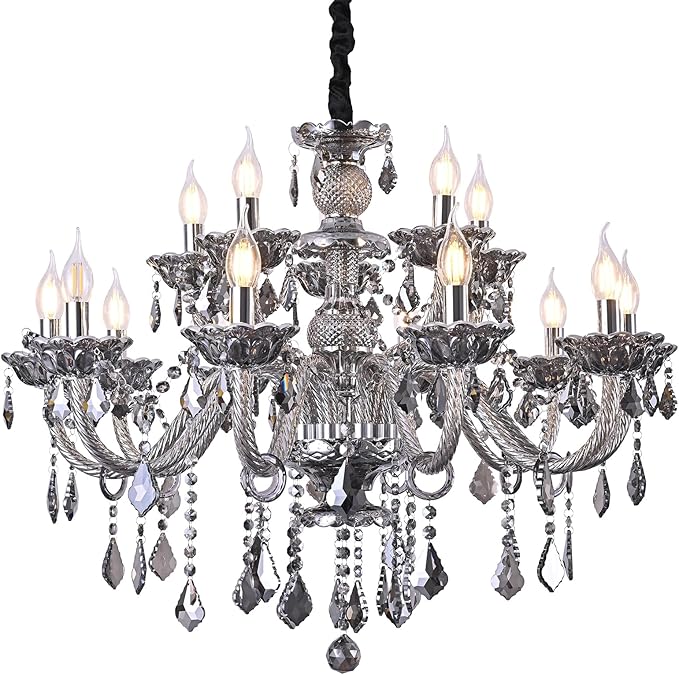 Smoky Gray Crystal Chandelier Modern Double Layer K9 Crystal Chandeliers Lighting 15-Light Crystal Raindrop Hanging Chandelier for Living Room Dining Room(15 Lights)