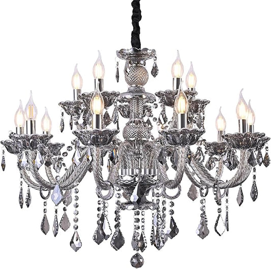 Smoky Gray Crystal Chandelier Modern Double Layer K9 Crystal Chandeliers Lighting 15-Light Crystal Raindrop Hanging Chandelier for Living Room Dining Room(15 Lights)