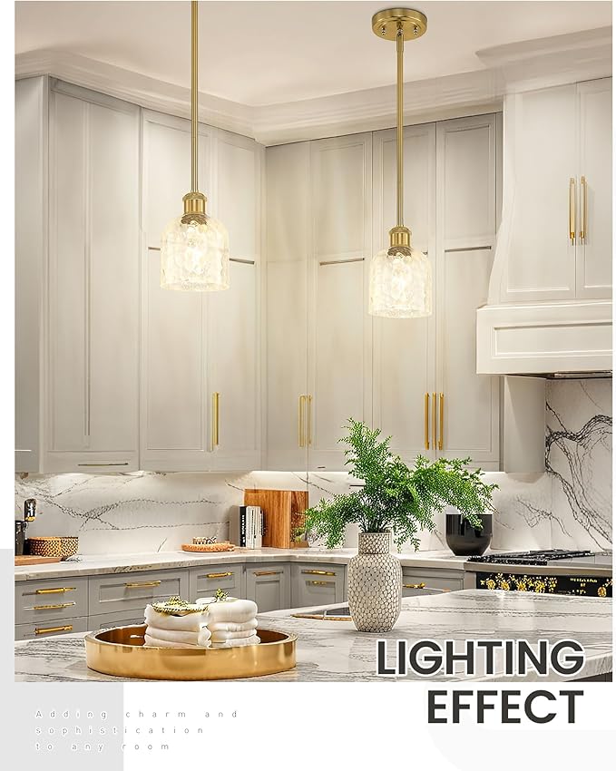 zeyu 1-Light Kitchen Pendant Lighting Fixture, Kitchen Island Ceiling Light, Vintage Pendant Light with Clear Hammered Glass, Brushed Gold Finish, ZJF63MIL BG
