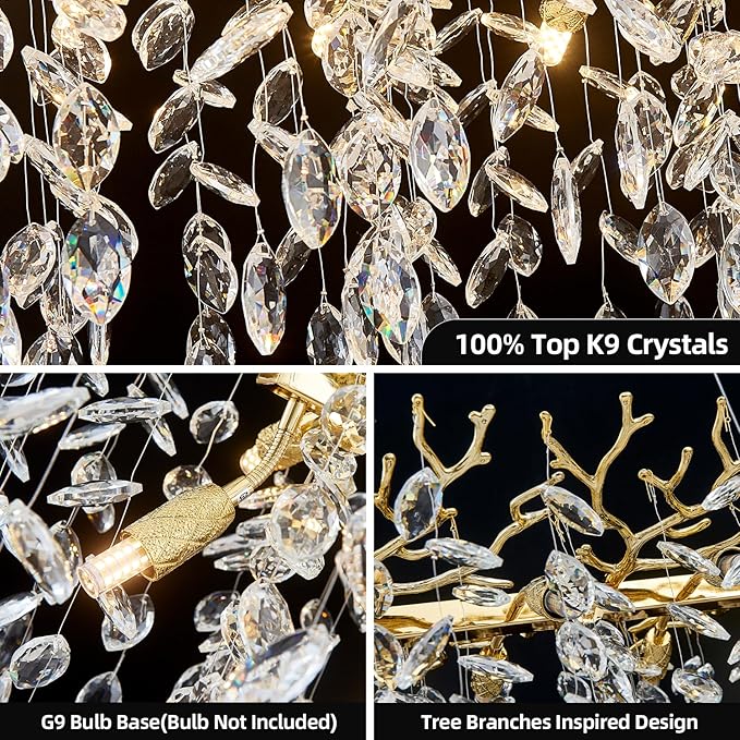 Modern Tree Branch Crystal Chandelier 47.2" Gold Large Rectangular Pendant Lighting 14-Light K9 Crystal Chandeliers for Dining Room Kitchen Living Room Foyer Entryway (Gold, L47.2-Rectangle)