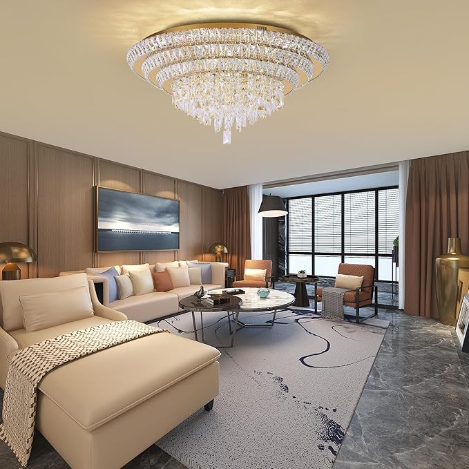 30 inch Crystal Gold Ceiling-Light Flush Mount With Remote Control and APP, 3CCT Dimmable & Brightness Adjustable, Modern Crystal Raindrop Chandeliers for Bedroom Hallway Dinning Room Living Room
