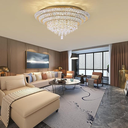 30 inch Crystal Gold Ceiling-Light Flush Mount With Remote Control and APP, 3CCT Dimmable & Brightness Adjustable, Modern Crystal Raindrop Chandeliers for Bedroom Hallway Dinning Room Living Room