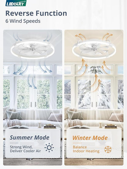 LEDIARY Ceiling Fans with Lights and Remote, 24'' Low Profile Ceiling Fan with Light, 3000-6000K Dimmable Fandelier LED Fan Light, 6 Wind Speeds, White Modern Flush Mount Ceiling Fan for Bedroom