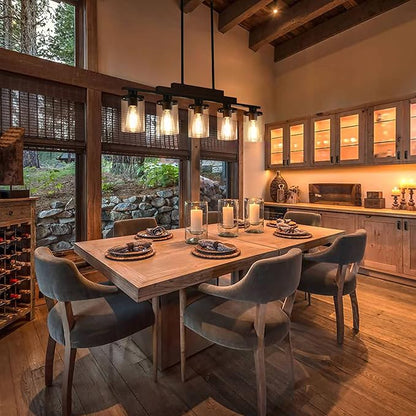 Dining Room Light Fixture Over Table Above Farmhouse Kitchen Island Lighting,Matte Black Rustic Rectangular Linear Chandelier Wood Pendant 5-Light Ceiling Hanging with Glass Shade for Bar Restaurant