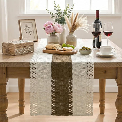 Artoid Mode Light Coffee Farmhouse Rustic Table Runner, Seasonal Holiday Hollow Kitchen Dining Table Decoration for Home Party Decor 12x120 Inch