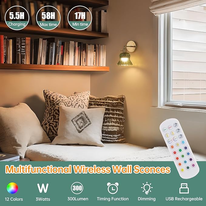 Shenmoyl Vintage Battery Operated Wall Sconces Set of Two, Rechargeable Battery Powered Wall Sconce with Remote Control, Wireless Dimmable LED Light for Bedside Bathroom Living Room (Green Pineapple)