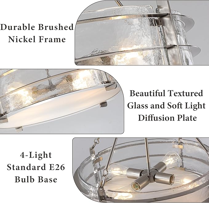 Modern Chandeliers for Dining Room, 20" Brushed Nickel Textured Glass Chandelier Luxury Light Fixture Drum Hanging Lighting for Dining Room Kitchen Island Living Room Hallway Bedroom