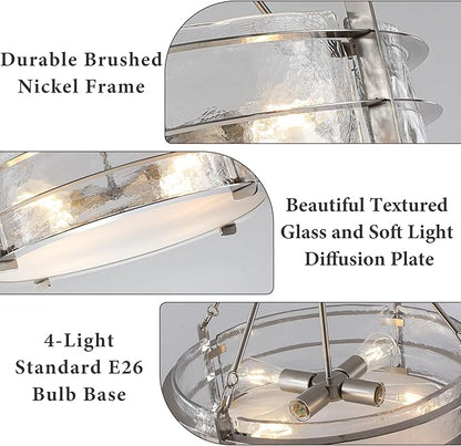 Modern Chandeliers for Dining Room, 20" Brushed Nickel Textured Glass Chandelier Luxury Light Fixture Drum Hanging Lighting for Dining Room Kitchen Island Living Room Hallway Bedroom