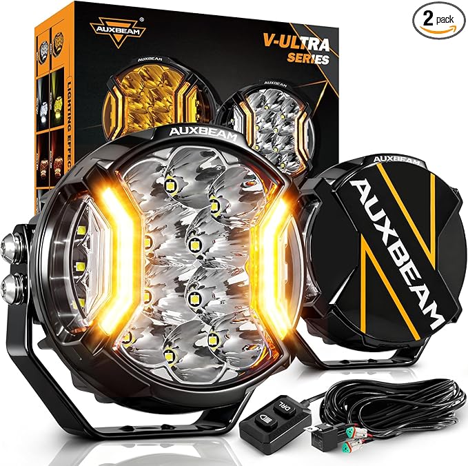 Auxbeam V-Ultra Series Side Shooter Light Bar, 5Inch 172W Round Offroad Lights LED Pods 20400LM, Amber DRL & Spotlight Dual Color 270° Wider Off Road Lighting with Protective Covers, Pair