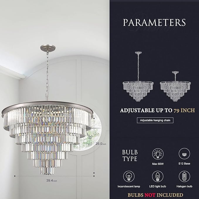 Nickle Crystal Chandelier Modern Chandeliers Lighting Pendant Ceiling Light Fixture 7-Tier for Dining Living Room Kitchen W39