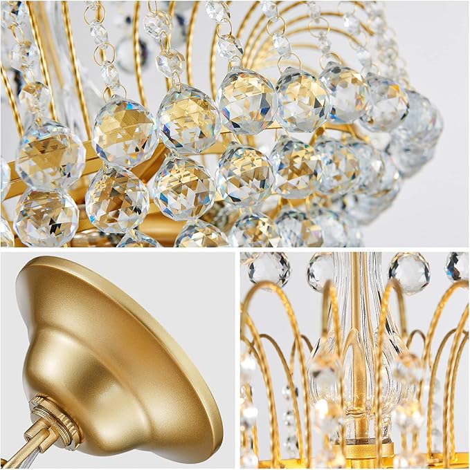 WUZUPS Crystal Chandelier Pendant Flushmount Ceiling Light Modern Lighting Fixture for Bedroom Hallway Bar Kitchen Bathroom, H 17.3" x W 18.9", Gold, E12 Base
