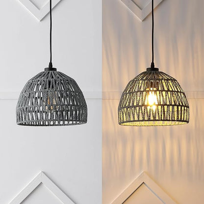 JONATHAN Y 10.25" Gray Modern Bohemian Woven Rope LED Pendant Light Fixture, Adjustable Dome Ceiling Lamp for Kitchen Island, Rope Shade, Coastal Farmhouse Decor (JYL6513D)
