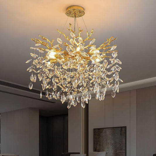 Modern Crystal Tree Branch Chandelier, D23.7'' Round Gold Raindrop Indoor Hanging Ceiling Lighting Fixture for Dining Room Living Room Bedroom Foyer 8 Lights