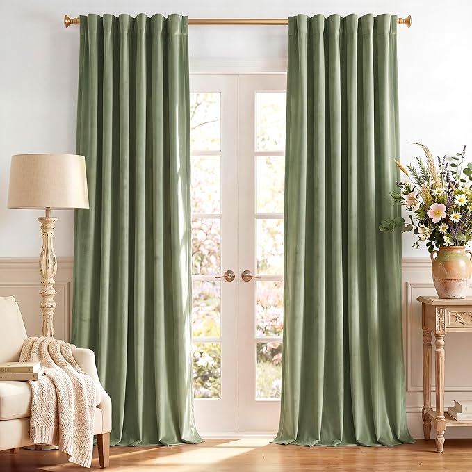 StangH Sage Green Curtains for Living Room Soft Velvet Back Tab Nursery Bedroom Window Panels 96 inches Long Room Darkening Thermal Insulated Drapes, W42 x L96, 2 Panels