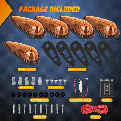 Nilight Cab Roof Marker Light 5 PCS Amber Teardrop Top Clearance Indicator Lights Waterproof Surface Mount Running Lamp for Heavy Duty Trucks Trailer Camper RV Tractor