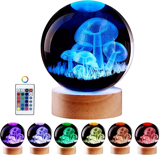 3.15 inch Mushroom Crystal Ball lamp,3D K9 Mushroom Crystal Ball Night Light with Wooden Base,16 Colors Change with Remote Control (Moon)